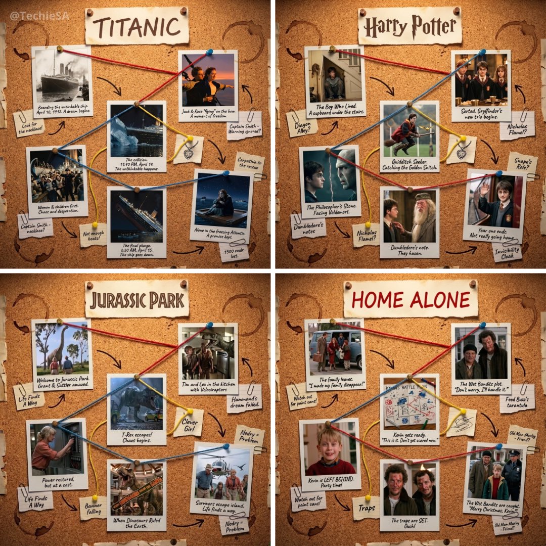 Create a cozy, vintage detective-board corkboard that tells a movie’s story through pinned Polaroids, handwritten captions, and colored string connections in warm nostalgic lighting.