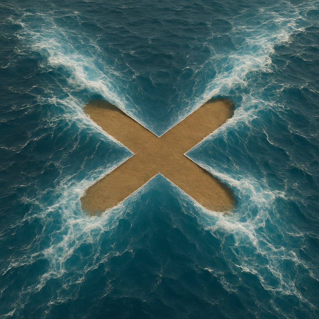 Create a hyper-realistic top-down ocean scene where an unseen force parts vibrant blue water into a precise {{SHAPE}} outline, revealing stark {{COLOR}} empty land inside. Designed for interior-themed visual art with dramatic contrast and a supernatural, magical effect.