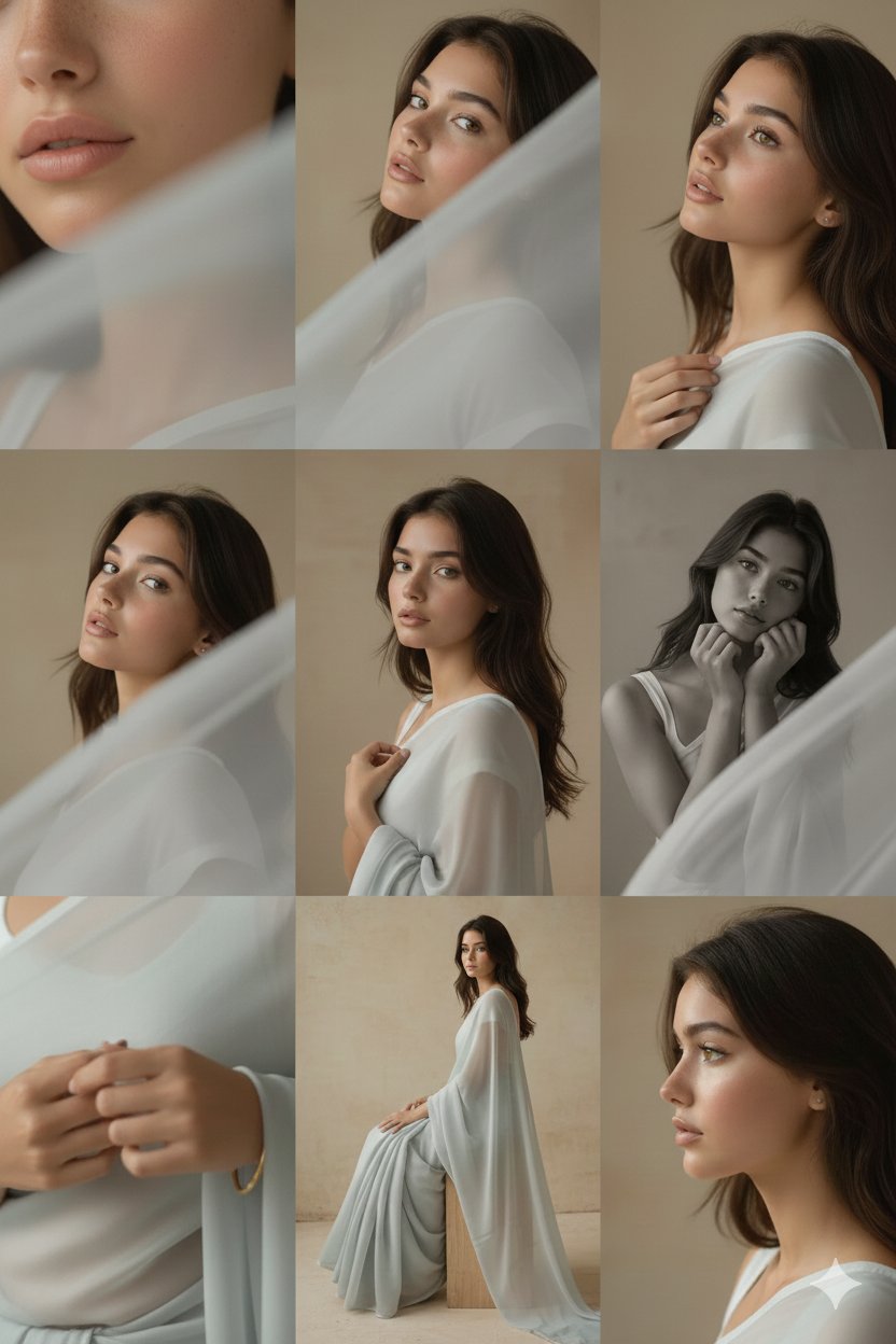 Create a 3x3 editorial photo grid in a soft golden-beige studio featuring the same face as the uploaded image, styled in a glossy silk saree with minimal jewelry. Maintain consistent lens/aperture across nine specified close-ups and portraits with warm right key light and left reflector fill.