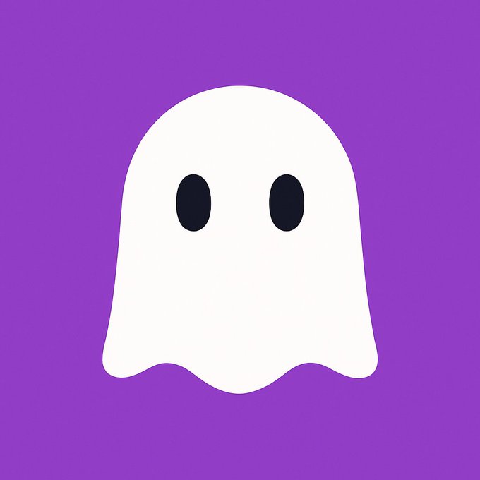 A cute, minimalist cartoon ghost floats centered on a bright purple background in clean flat vector style. Designed like an app icon or logo with sharp edges, solid color blocks, and no text.