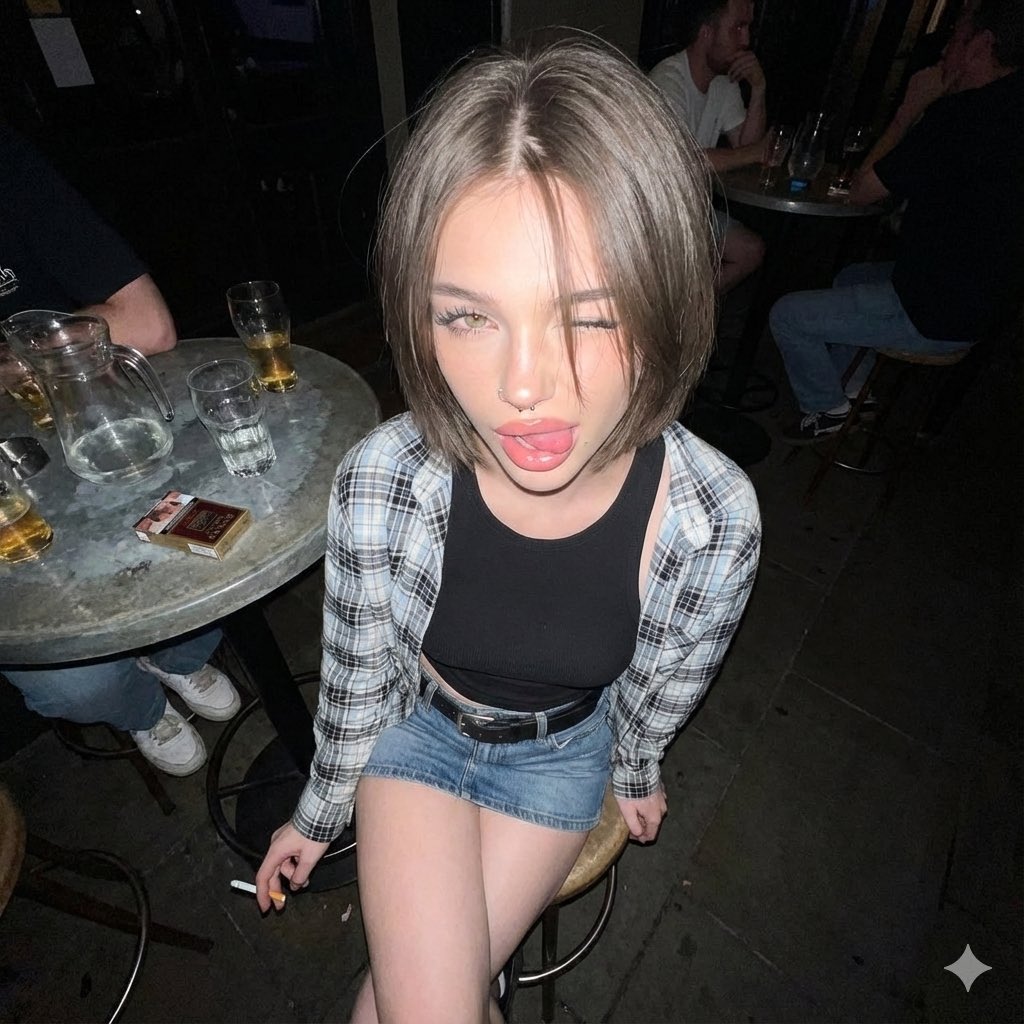High-angle direct-flash snapshot of a playful young woman in a dim outdoor/semi-outdoor bar setting, styled with Y2K streetwear and grunge vibes. Includes detailed wardrobe, props, and nightlife background elements at 1200×1200 resolution.
