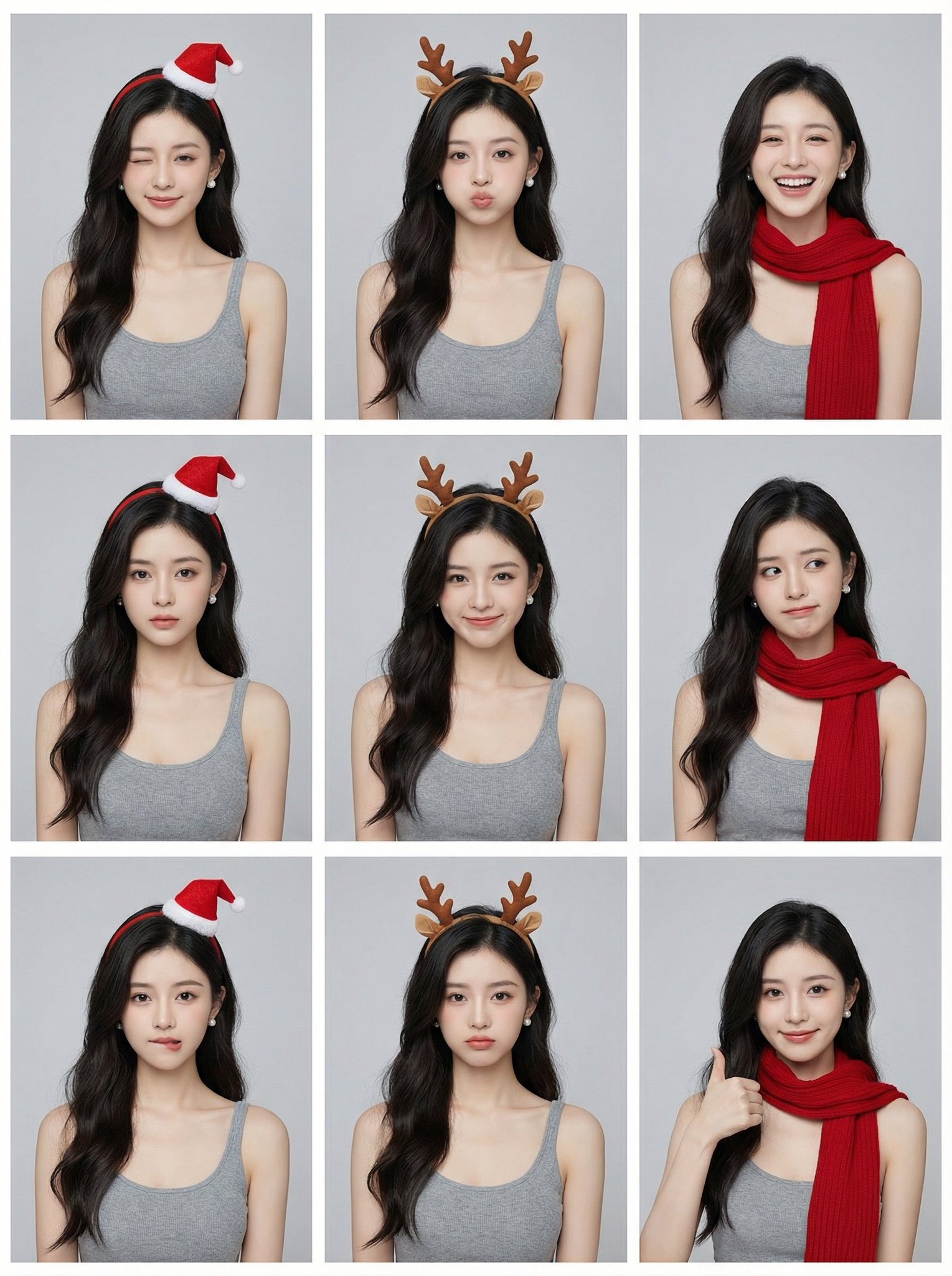 Generate a single 3x3 contact sheet image with nine distinct panels of the same young Asian woman, keeping outfit and hairstyle identical while varying facial expressions and camera angles under studio lighting on a light grey background.