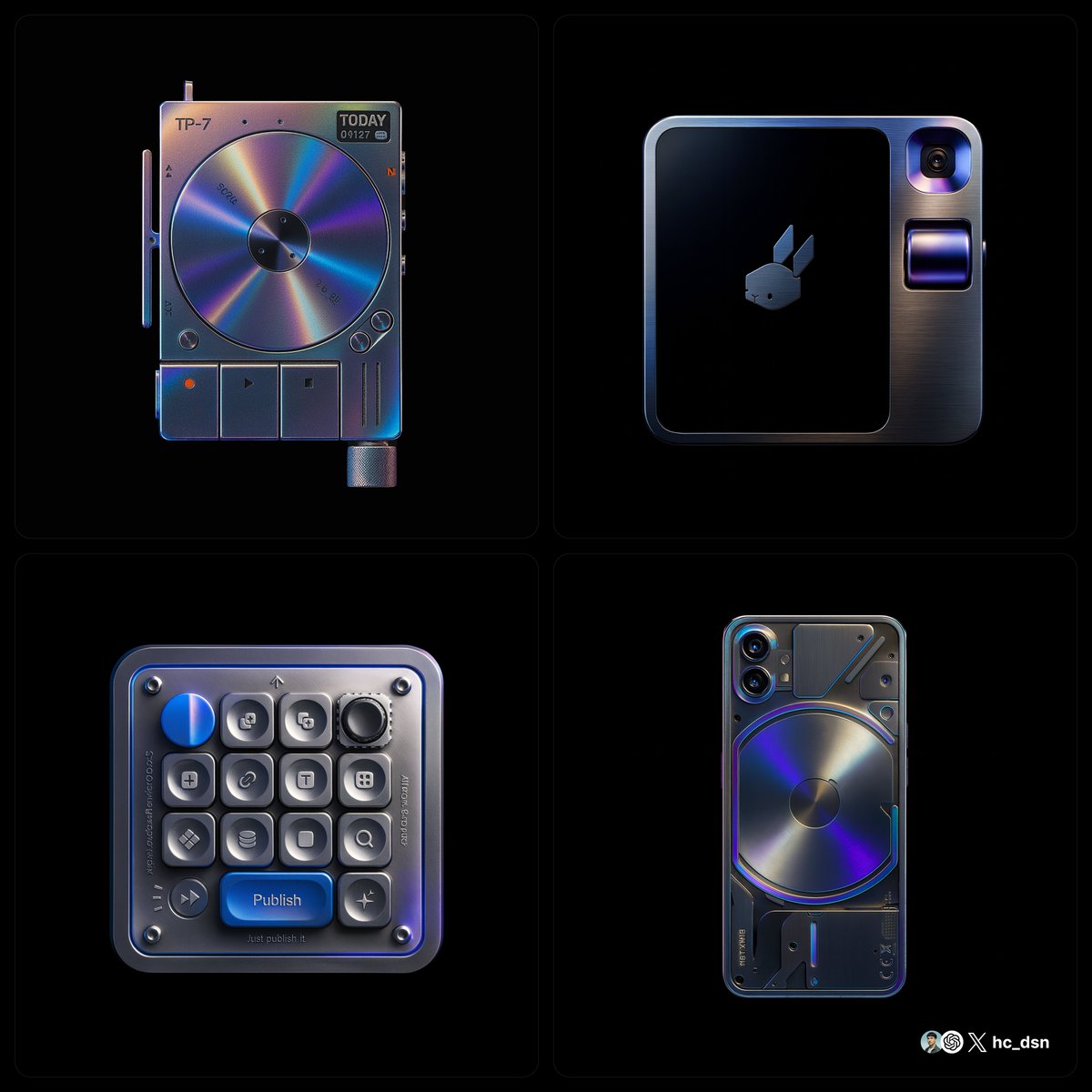 Retexture an uploaded product photo into a glossy polished metal look with controlled studio lighting and localized, low-saturation colored specular gradients on light-facing curved surfaces.