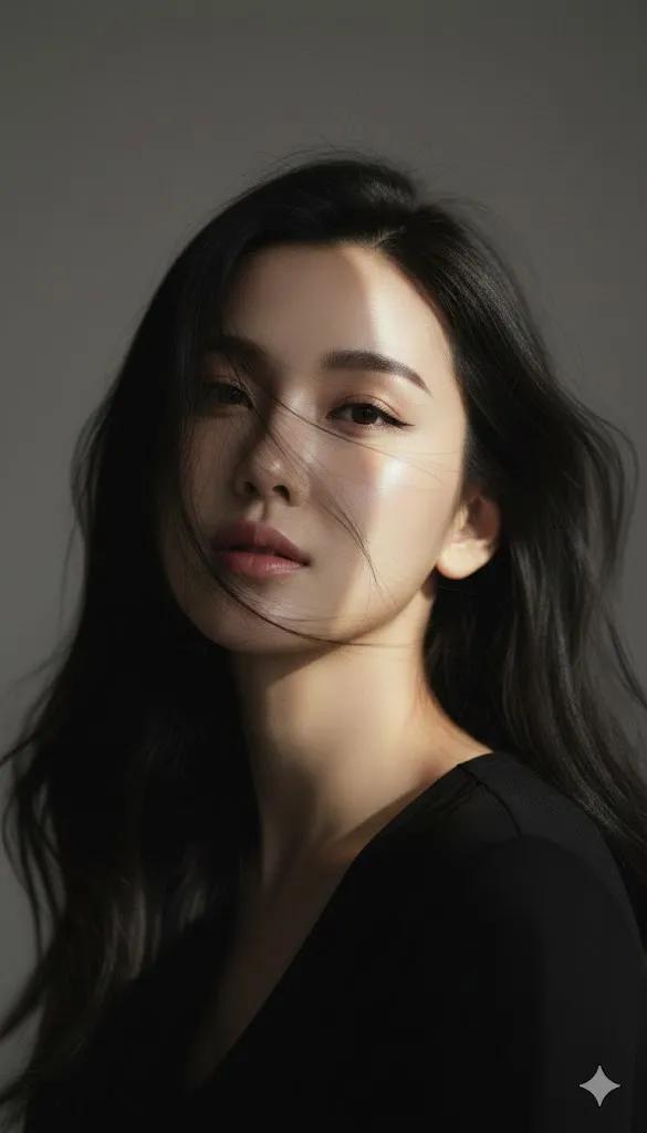 A Korean-editorial close-up fashion portrait of a young woman, captured as wind lifts her black hair mid-motion, lit by a narrow hard beam at a 45-degree diagonal with deep surrounding shadows and a faint prism refraction rainbow in the lit area.