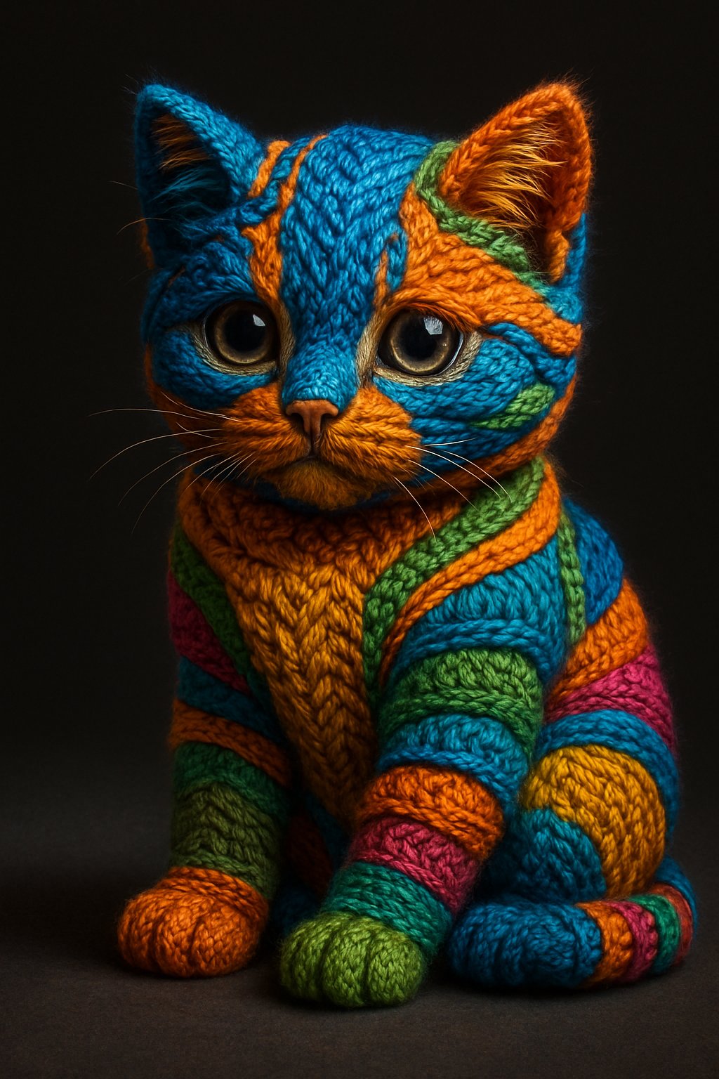 A hyper-realistic surreal fiber-art rendering of a {{OBJECT}} fully wrapped in tightly woven yarn and embroidery threads, featuring vivid high-saturation color segmentation and dramatic spotlighting against a dark gradient background.