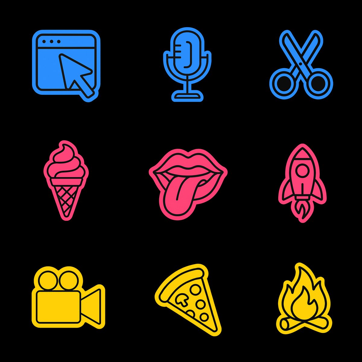 Create a high-resolution cartoon-style icon made only from ultra-thin black outlines, surrounded by a bold vibrant sticker contour, on a black square background. Clean, vector-friendly line art with no fills, gradients, shadows, or textures.