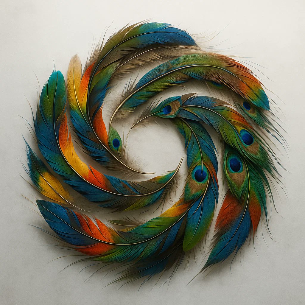 A detailed overhead shot of a fluid, colorful OpenAI logo formed by arranging hundreds of naturally shed exotic bird feathers. Emphasize iridescent shimmer, delicate barbs, and varied textures on a misty white background with side lighting.