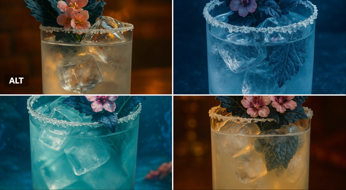 Create a realistic, high-end cocktail photograph with moody cinematic lighting and a visual tone inspired by Disney’s animated film {{MOVIE_TITLE}}. Includes frosted glass, sparkling salt rim, crystal-clear ice, blue kale leaves, pastel-pink edible flowers, and elegant golden serif caption text.
