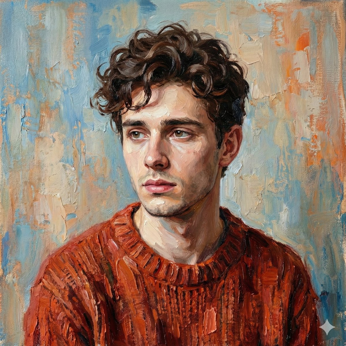 A digital oil-painted bust portrait of a slender young man in a chunky rust-red knit sweater, lit softly from the left against an abstract, textured pastel background. The look blends realistic facial proportions with impressionistic, heavy-impasto brushwork.