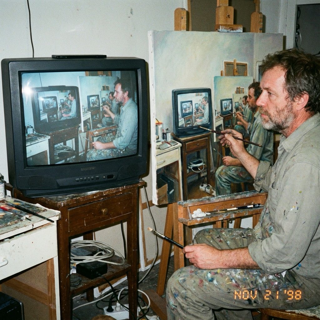 An amateur 1998-style photograph of a middle-aged artist hand-copying an image from a computer screen onto an oil painting on stretched canvas, where the on-screen image is a photo of the same recursive painting process.