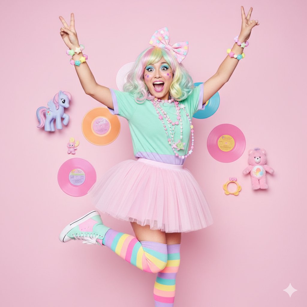 A high-key, hyper-colorful studio portrait of an adult East Asian woman with rainbow pastel wig, captured full-body mid-jump in a Fairy Kei/Harajuku outfit against a pastel pink retro-toy backdrop. Bright ring-flash style lighting, clean skin retouching, and vivid 80s pastel-pop color grading emphasize a bubbly, nostalgic mood.