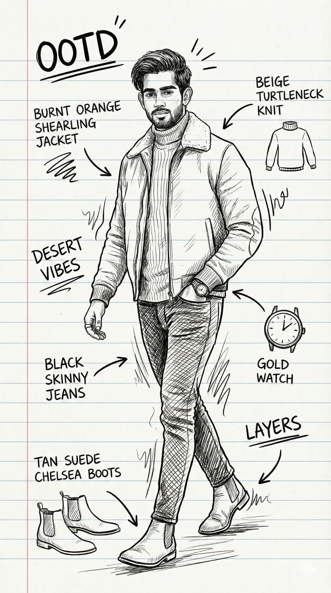 Create a fun OOTD fashion collage that breaks down an outfit with hand-drawn arrows, doodles, and handwritten labels on a notebook-paper background in an ink sketch style.