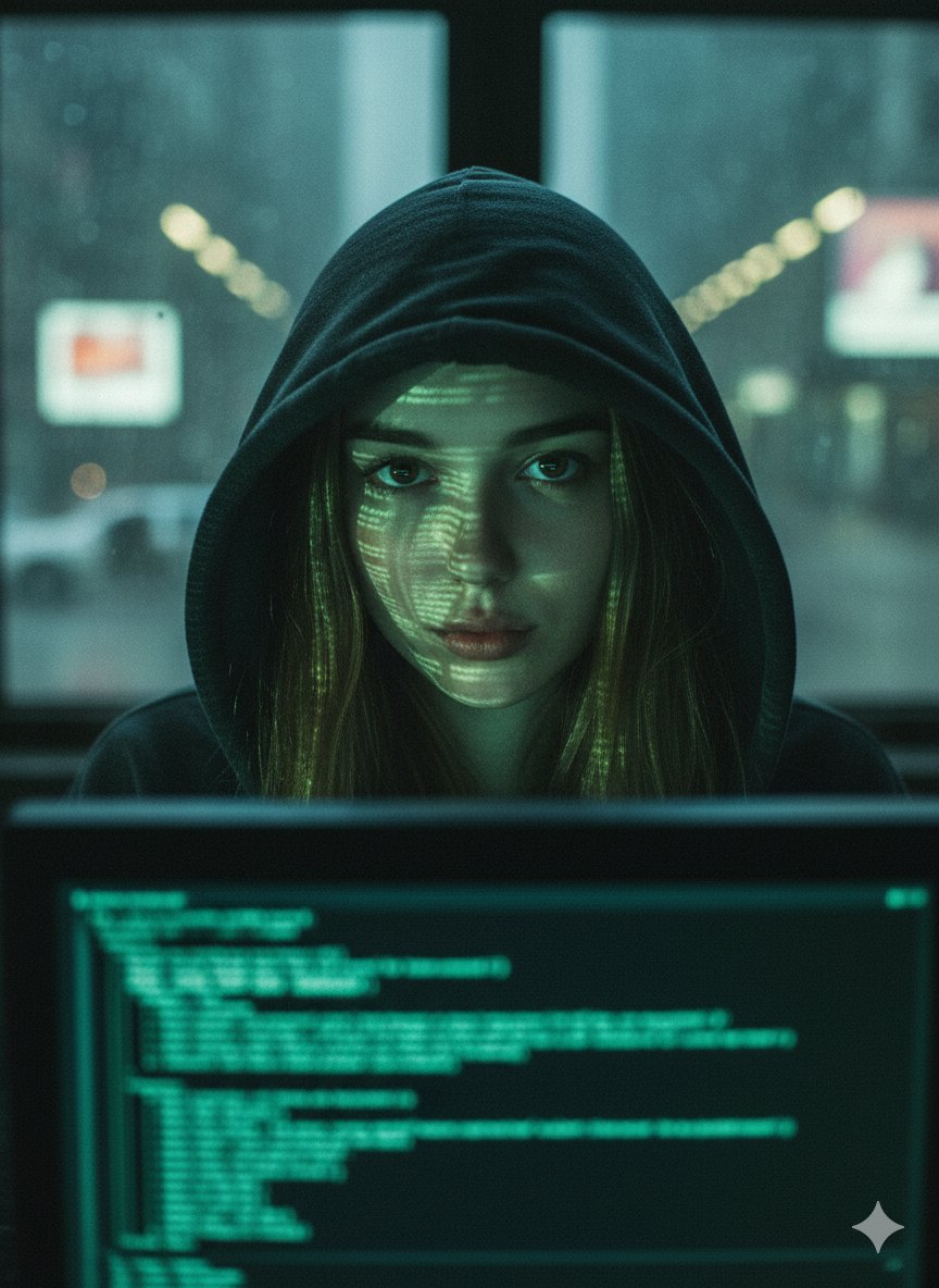 A dark, moody close-up portrait of a young woman in a hooded sweatshirt, lit by green digital code reflected from a computer screen. Blurred warm city lights in the background reinforce an urban surveillance atmosphere.