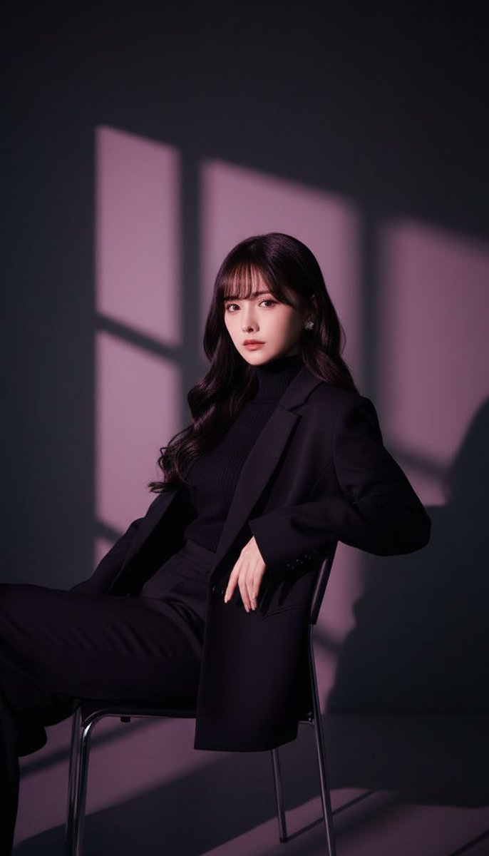 Create a moody, editorial-style cinematic portrait of a young woman seated on a modern chair indoors, with dramatic geometric window light and soft pink-purple highlights against a dark wall.