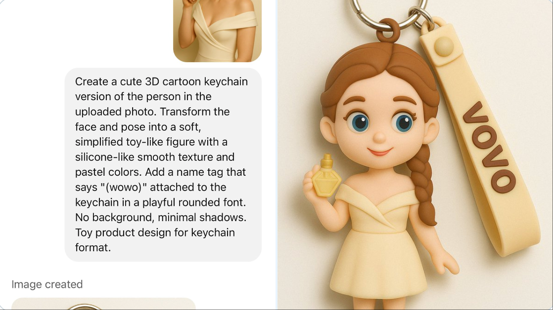 Turn your uploaded portrait into a cute 3D cartoon keychain with a smooth silicone-like texture, soft pastel colors, and a playful name tag. Designed as a clean product-style render with no background and minimal shadows.