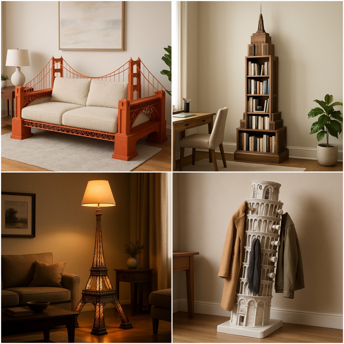 A perfectly carved iconic landmark designed to function as normal-scale living room furniture, captured with photorealistic detail. Choose the landmark and the furniture piece for a sculpture-like interior photography look.