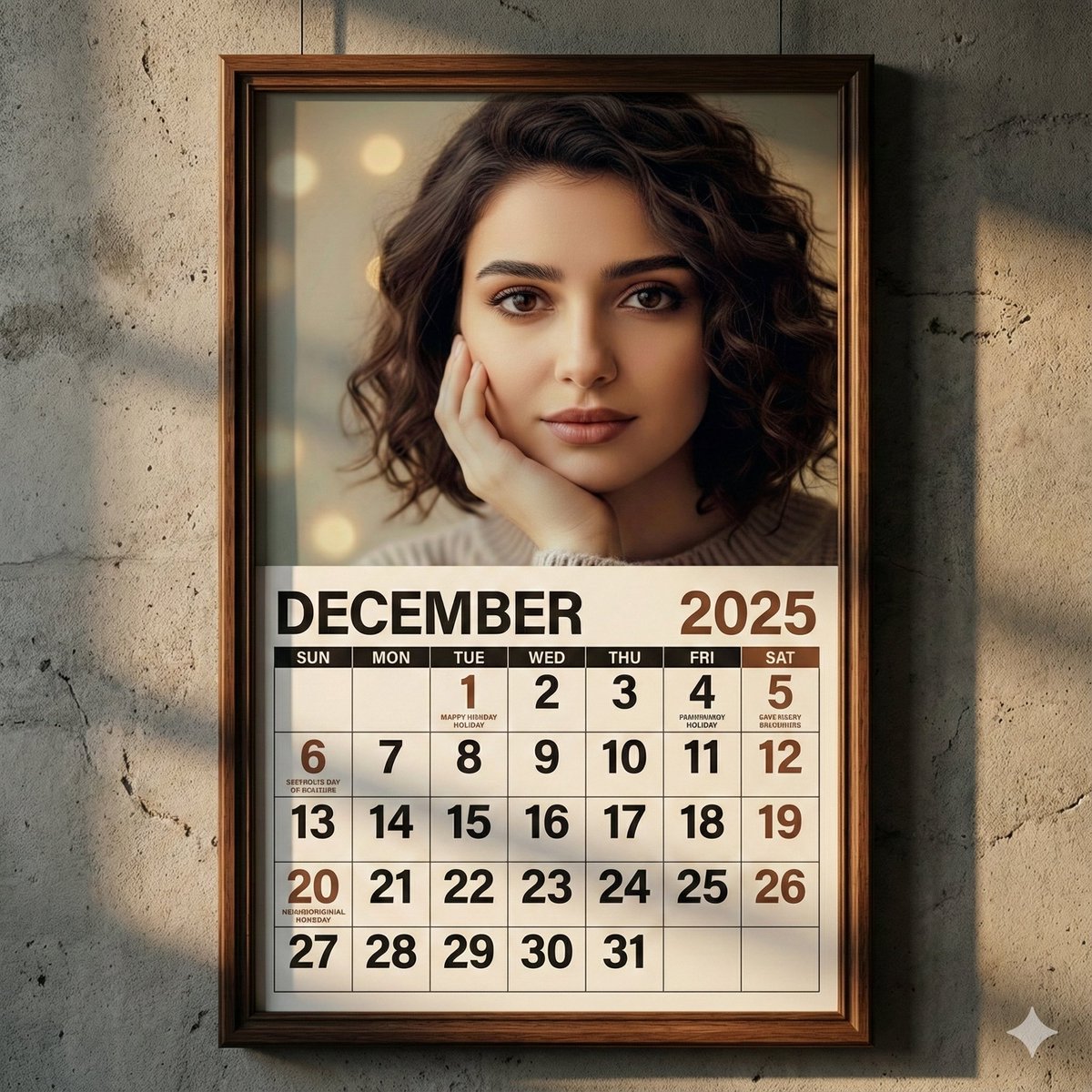 Create a lifelike wall calendar in a warm wooden frame on a textured concrete wall, featuring your uploaded portrait on the top half and a clean December 2025 calendar layout on the bottom.
