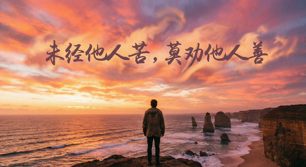 An ultra-beautiful sunset seascape shows a solitary figure sitting on a cliff, gazing toward the ocean. In the sky, cloud-formed words read: “Do not urge others to be kind when you have not endured their suffering.”