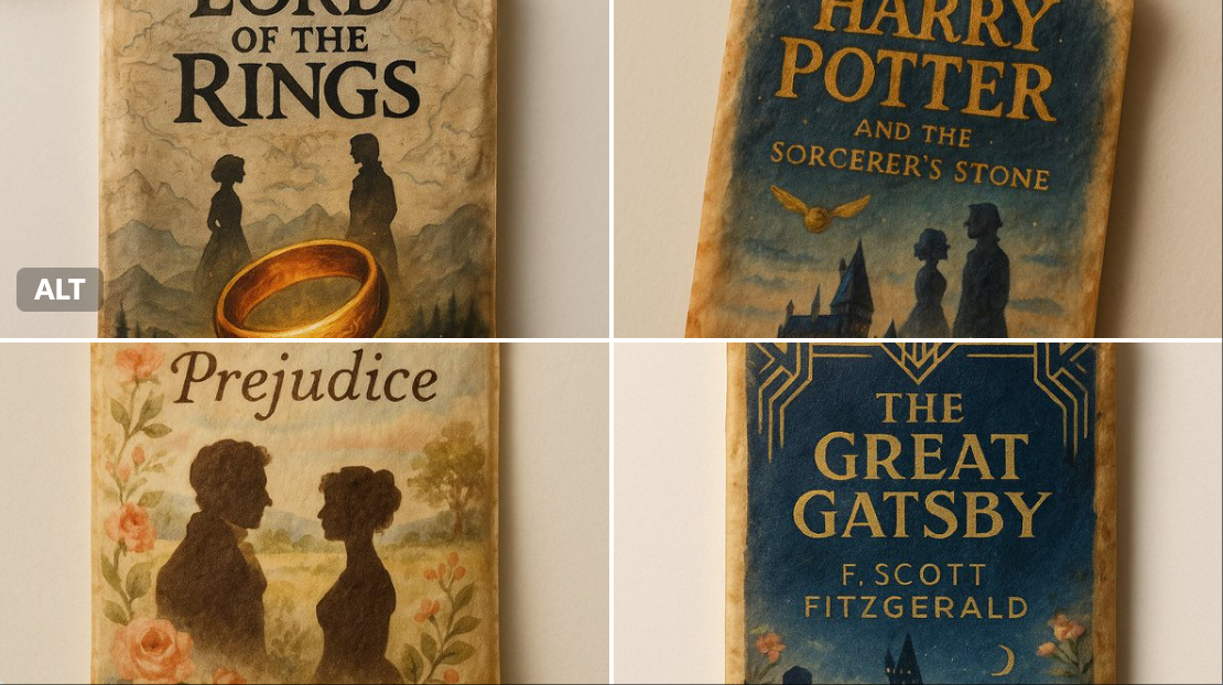 A single vintage tea bag on a clean white background, hand-painted with an intricate retro book-cover-style illustration and a blank labeled area for the title. Warm cinematic lighting, aged paper texture, and high-resolution vertical framing.