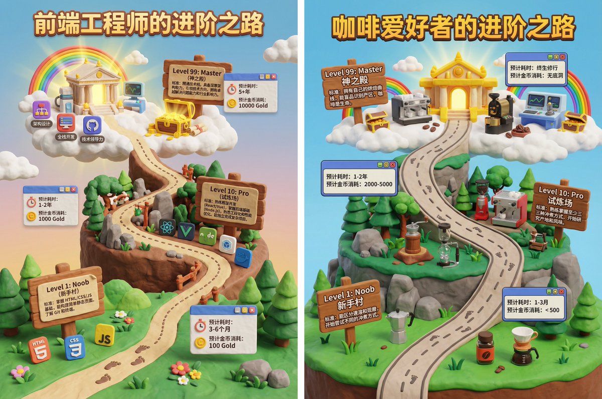 Create a vibrant, saturated Nintendo-style clay 3D poster showing a winding road of three progression stages from "Noob" to "Master," with signboards, UI-style time/coin popups, and dotted path footprints.