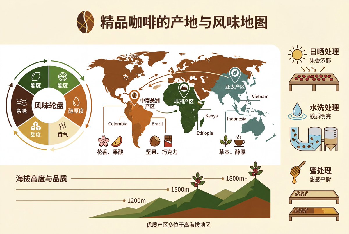 Create a professional knowledge infographic that maps specialty coffee origins and flavor profiles, optimized for business presentations and print sharing. Uses clear information hierarchy with icons, flowcharts, and data visualization elements in a modern flat layout.