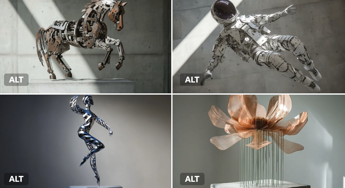 A kinetic sculpture of a {{SUBJECT}}, built from interlocking metal rods and panels with brushed {{COLOR1}} and oxidized {{COLOR2}} tones. Suspended in motion, its rotating parts cast mechanical shadows onto a concrete pedestal.