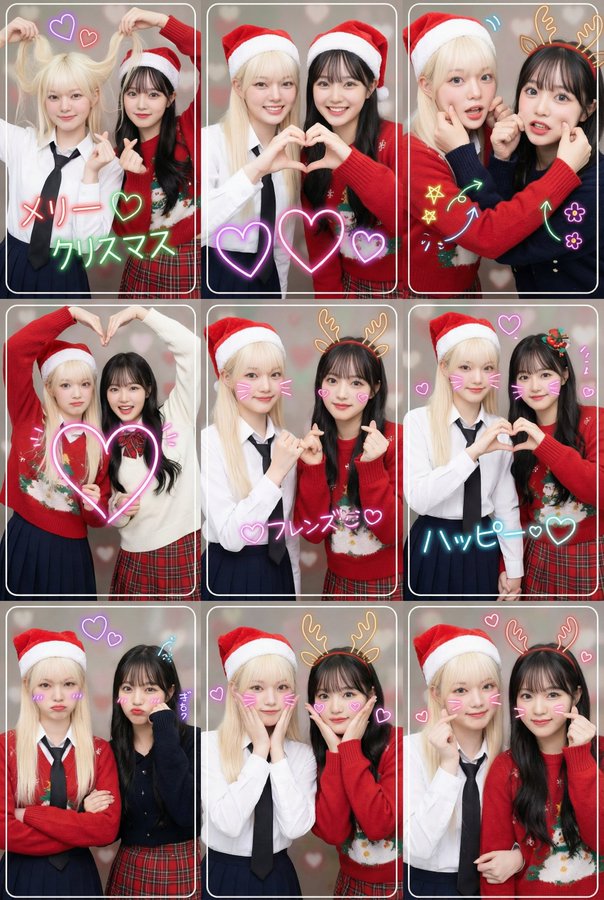 A single high-resolution 3x3 modern Japanese purikura-style photobooth collage featuring two young female friends in nine distinct trendy poses, with bright Christmas lighting, shallow depth of field, and layered neon heart doodles.