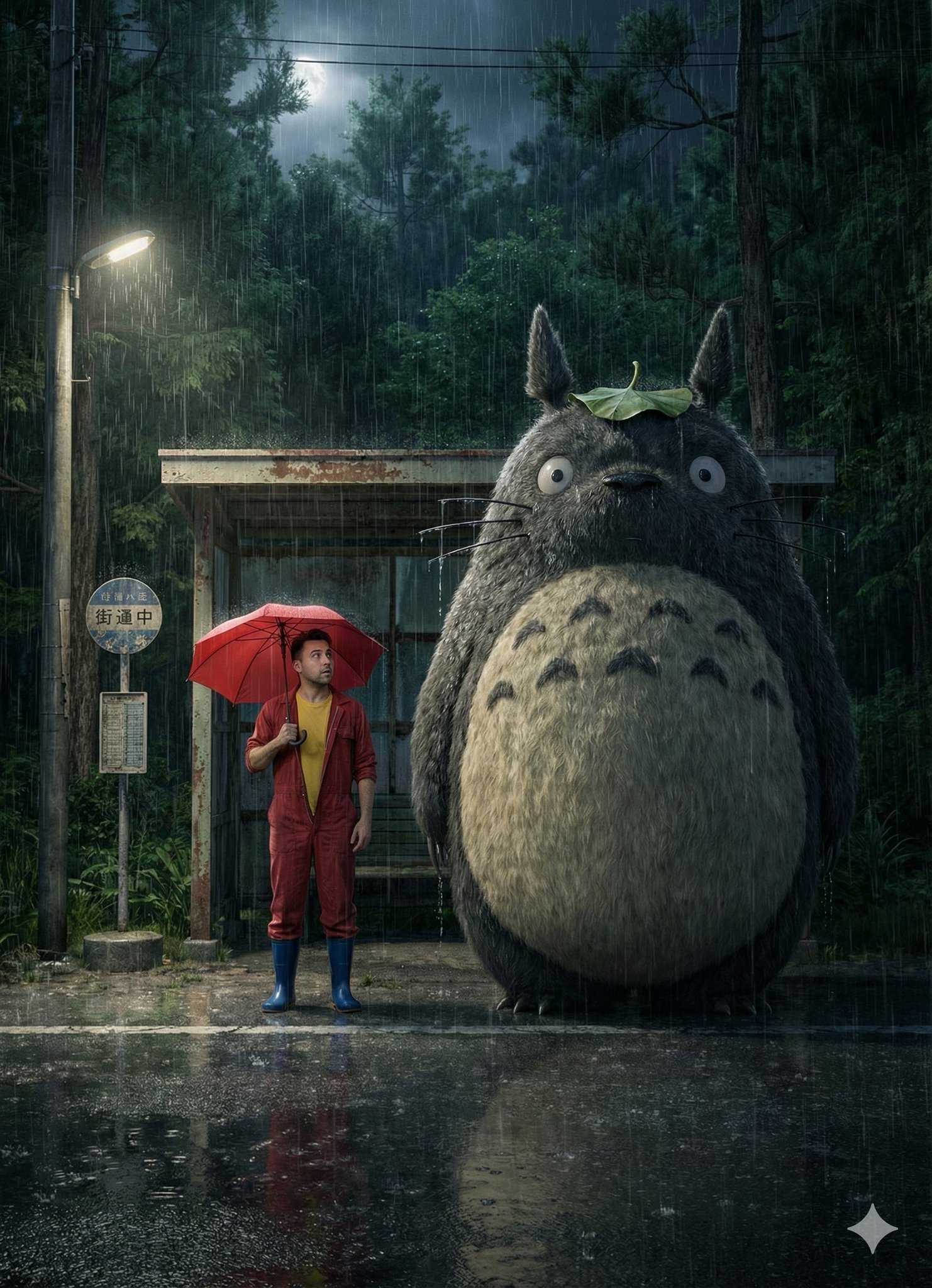 An ultra-realistic 8K UHD rainy-night photograph at a rural Japanese bus stop, featuring a man with a red umbrella and a gigantic, lifelike Totoro waiting beside him. Dim lamplight and moonlight create sharp facial detail and vivid reflections on wet asphalt.