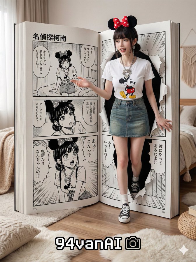 Create an ultra-realistic 8K bedroom scene where a person steps out of a photograph and breaks the panel frame of a giant open Japanese manga book. The page features a surreal 4-panel black-and-white layout with authentic right-to-left Japanese formatting, screen tones, and bold ink lines.