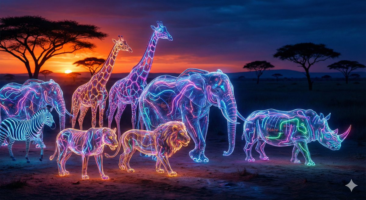 Reimagine an African savannah at the boundary of sunset and nightfall, transforming all animals and humans into transparent glass beings filled with glowing neon streams. Preserve the original layout while emphasizing reflections, refractions, and vivid futuristic color shifts.