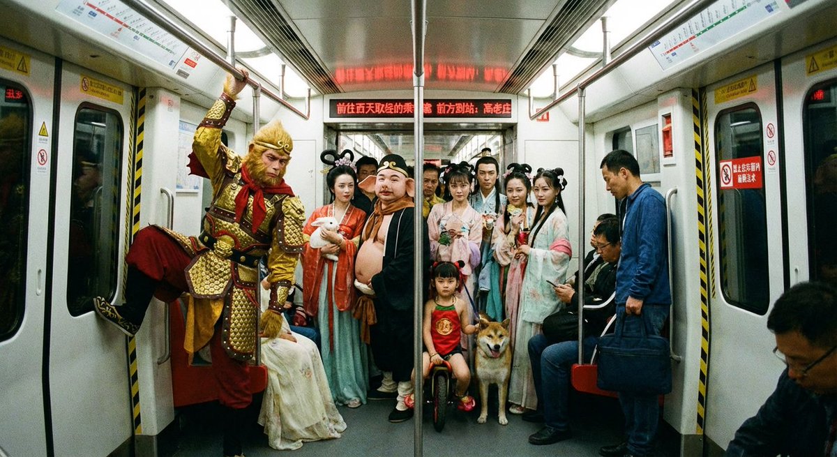 A packed Beijing subway car filled with mythological passengers like Sun Wukong and Zhu Bajie, complete with humorous transit signage referencing the pilgrimage to the West.