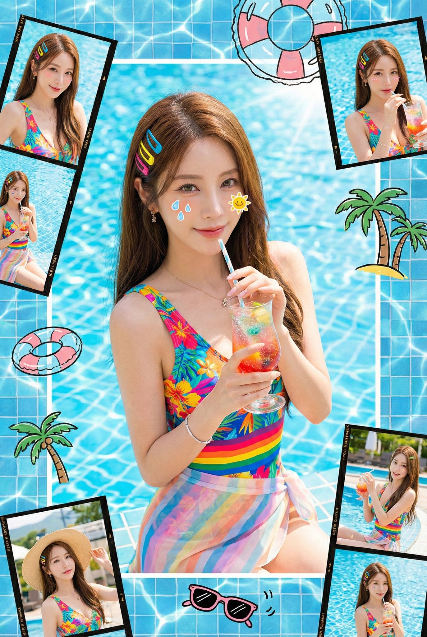 Create a vibrant, refreshing summer-themed vertical collage portrait with bright swimwear, playful stickers, and pool-tile blues. Includes hand-drawn doodles, film-frame photo borders, and crisp natural sunlight for a high-definition energetic look.