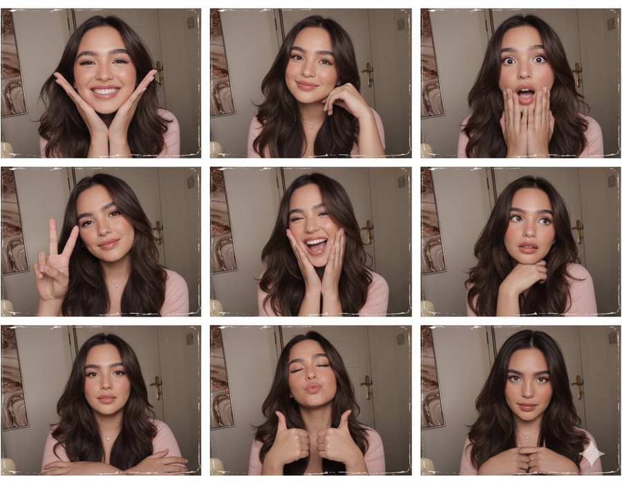 Turn your uploaded photo into a 3×3 photo booth-style grid with nine unique shots. Each frame must feature a different pose and facial expression with no repeats.