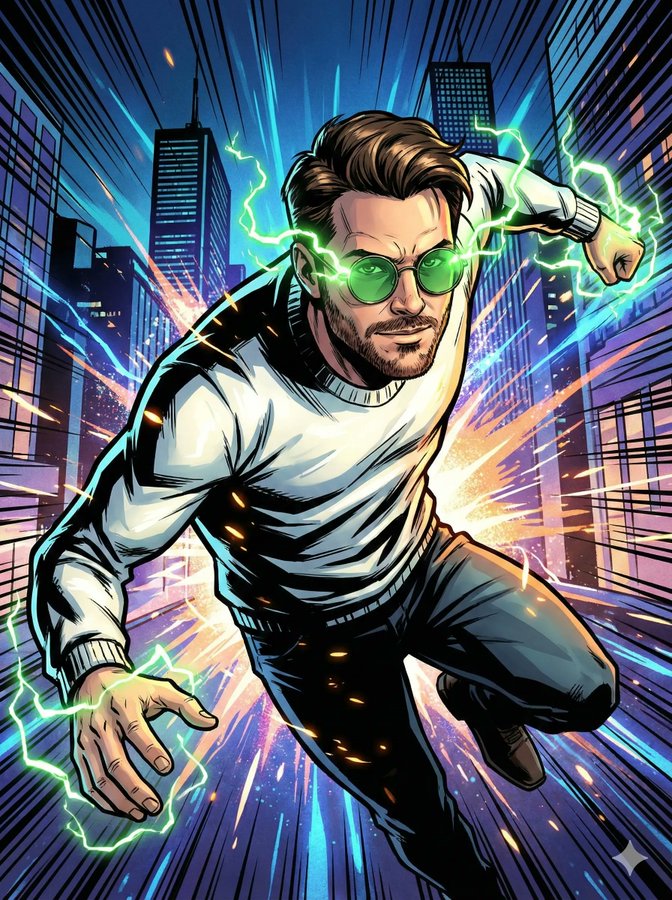 Create a high-quality modern comic cover illustration using your reference photo as the main character, preserving exact facial identity. Features bold ink lines, dynamic shading, high-contrast color, dramatic lighting, and cinematic action FX.