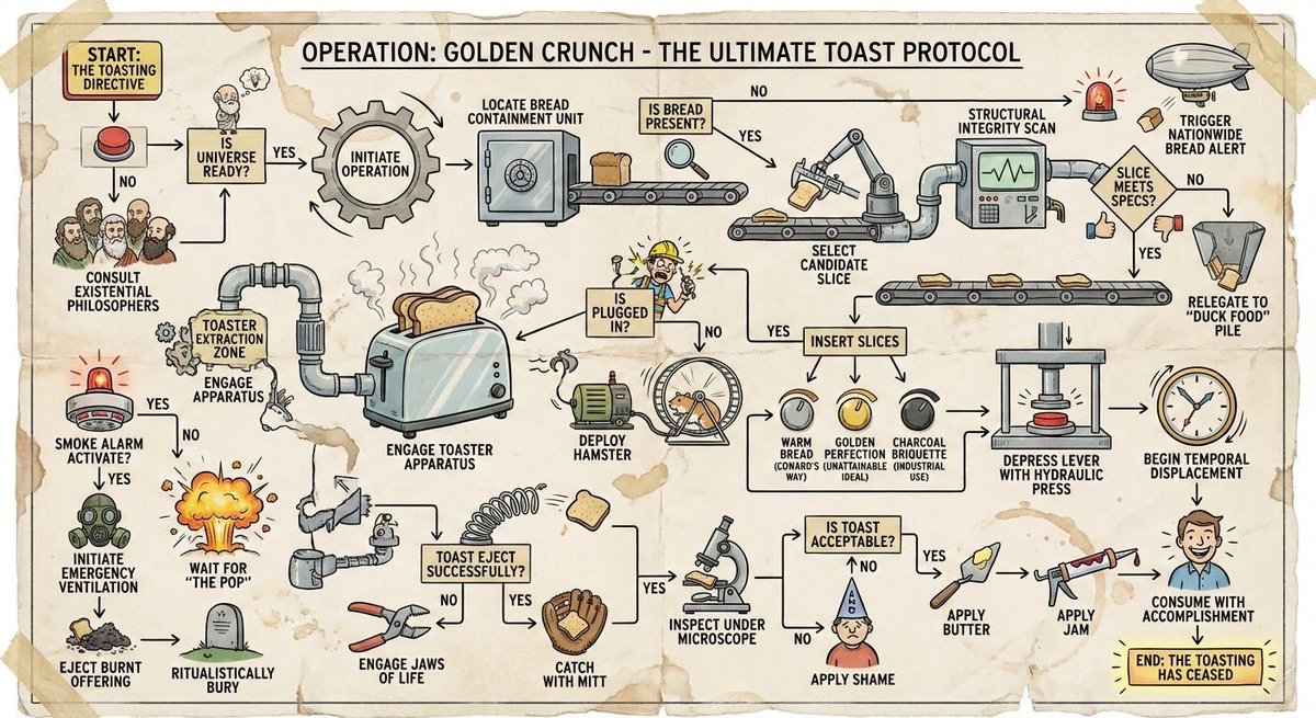 Generate a flowchart that explains how to toast bread in the most wacky, exaggerated, and deliberately complicated way possible.