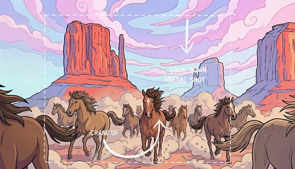 Add sketch-style annotations on a user-provided image to explain camera movement, including a crane up followed by a look-down aerial shot.