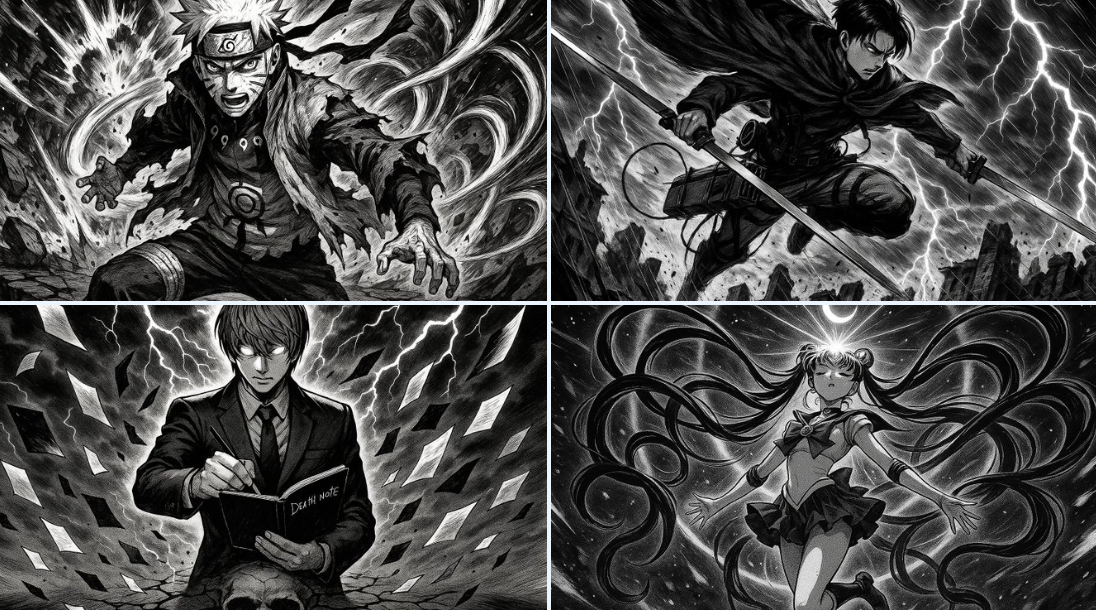 Create a highly dramatic, epic black-and-white manga-style illustration of your character in a powerful, dynamic pose with exaggerated intensity, surrounded by explosive energy, lightning, and swirling debris.