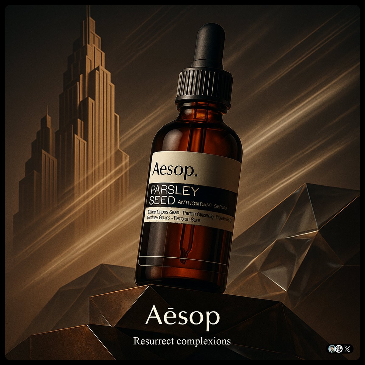 A 1:1 ultra-high-detail product advertising image blending Art Deco geometry with Futurist motion. Features faceted glass, ambient brand-color lighting, and a small logo with a tiny slogan at the bottom.