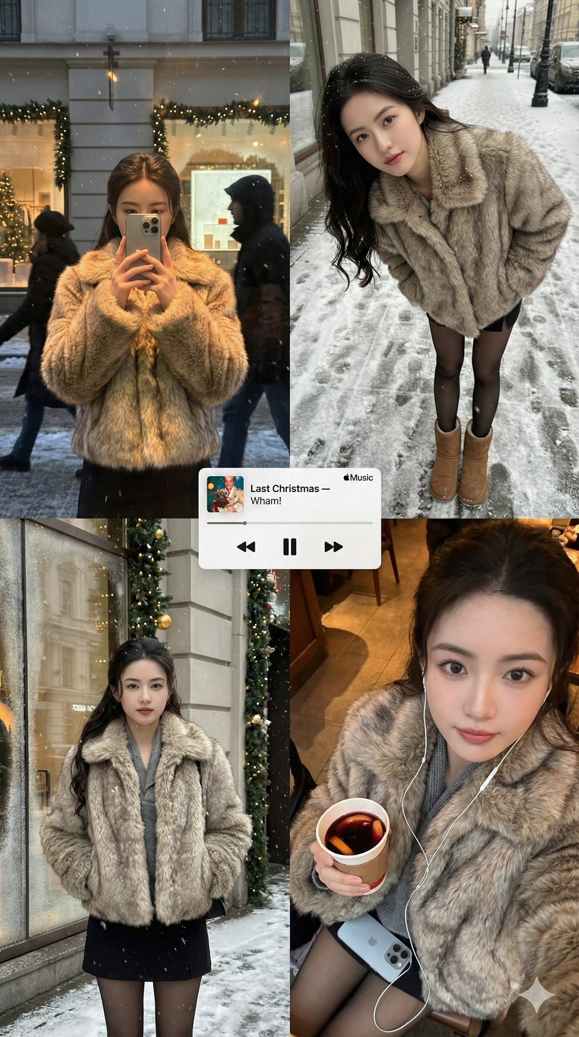 A minimalist winter poster-style multi-panel collage with candid, warm, realistic iPhone photography aesthetics, soft snowfall, and subtle analog grain. Includes consistent wardrobe and props, plus a clean Apple Music–style mini player floating at the center.