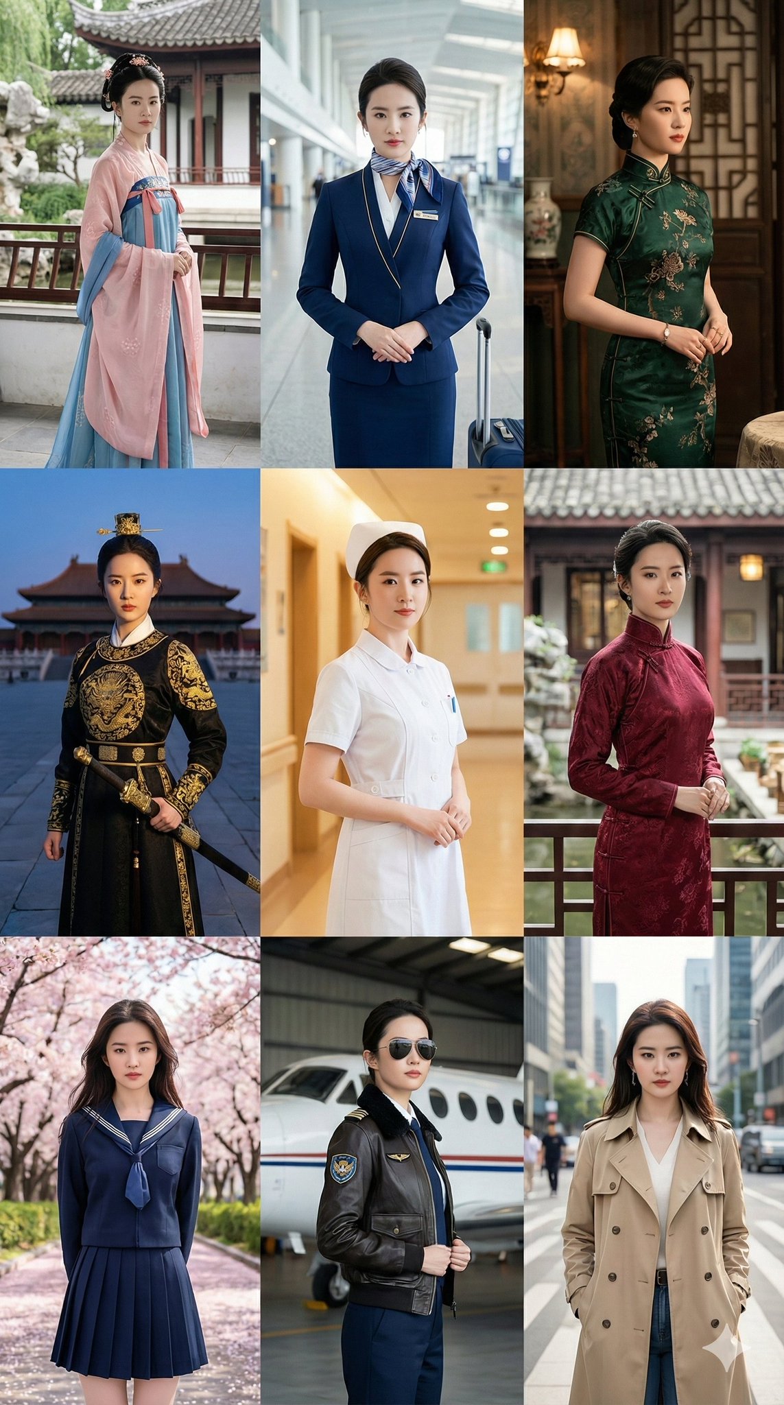 Create a high-quality 3x3 nine-grid collage from an uploaded person photo, keeping facial features unchanged while showcasing nine distinct outfits and matching environments. Designed with cinematic lighting, refined detail, and a unified color palette in a 9:16 aspect ratio.