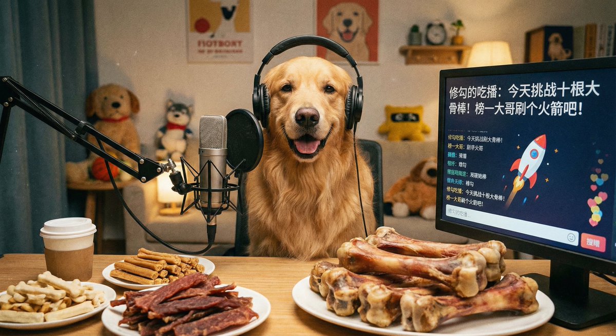 A Golden Retriever hosts a playful mukbang livestream, wearing headphones at a microphone with piles of dog treats and bones. The on-screen UI includes a humorous challenge title and a call for rocket donations from the top viewer.