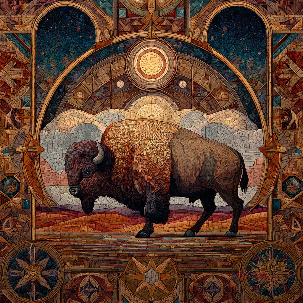 A richly textured oil-painting-style illustration of a bison centered among colorful geometric forms, surrounded by symbolic motifs of family and home. Set against a night sky and desert landscapes with ornate Art Nouveau detailing and a three-dimensional effect.