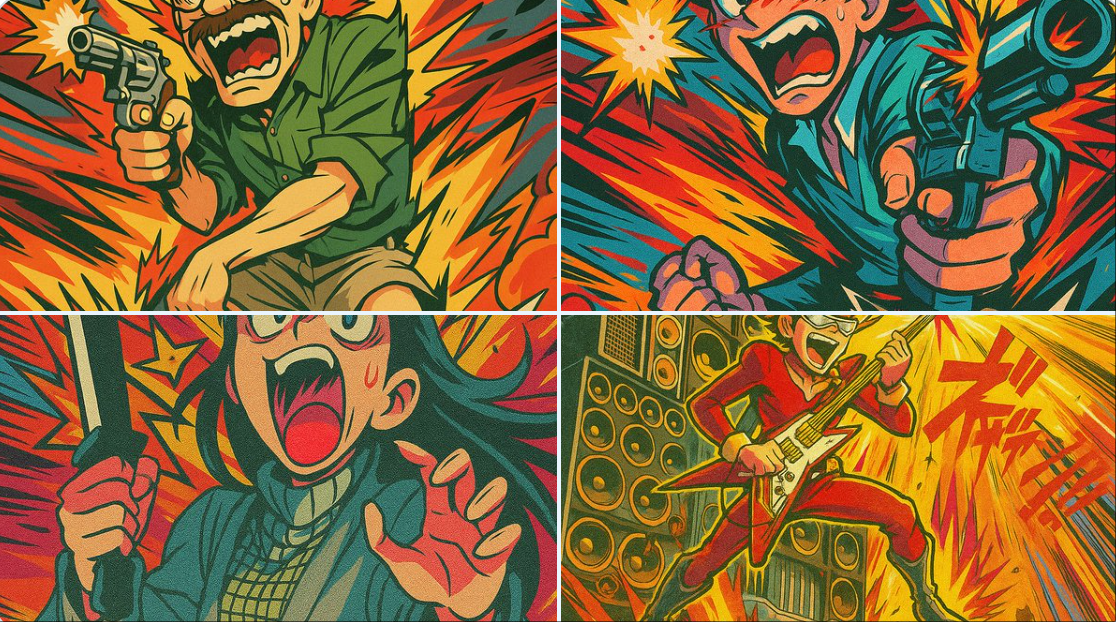 Transform an uploaded image into an exaggerated Trigger/Gainax-style anime freeze-frame with wild motion lines, explosive backgrounds, dramatic lighting, and bold saturated color contrast.