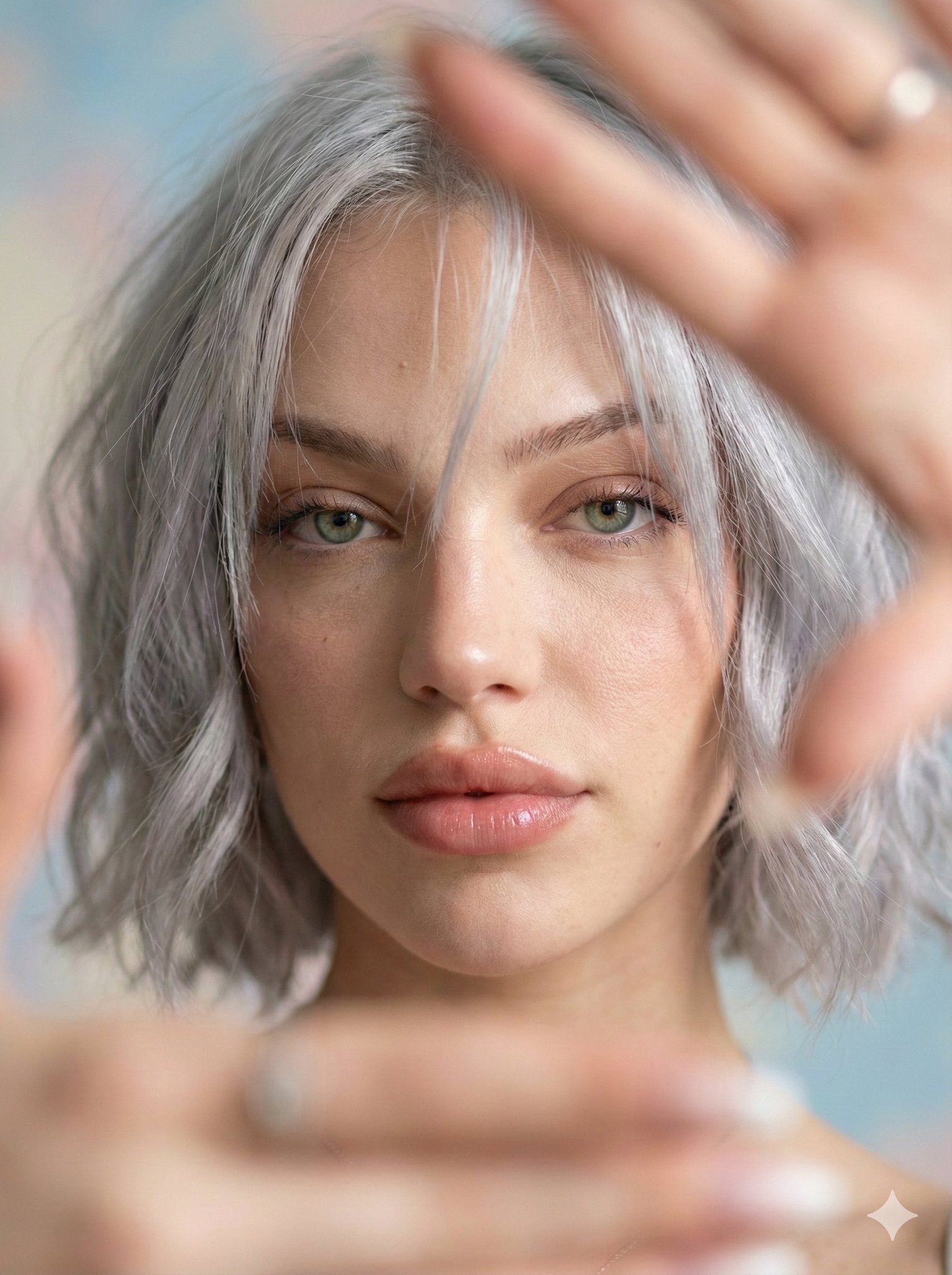 An extreme macro close-up portrait of a young woman with a serene, gentle expression, short wavy messy hair, and a softly blurred hand framing the face. Ultra-shallow depth of field, pastel bokeh, and airy diffused HDR lighting emphasize crisp eye catchlights and visible skin texture.