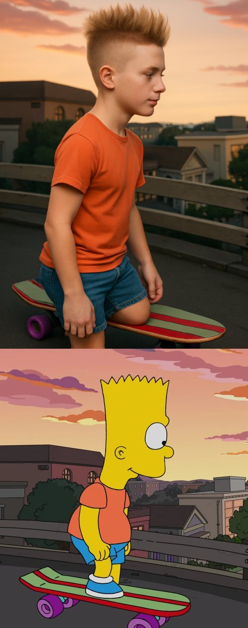 Transform a cartoon character from a reference image into a hyper-realistic human while preserving their defining attributes for a photorealistic portrait.