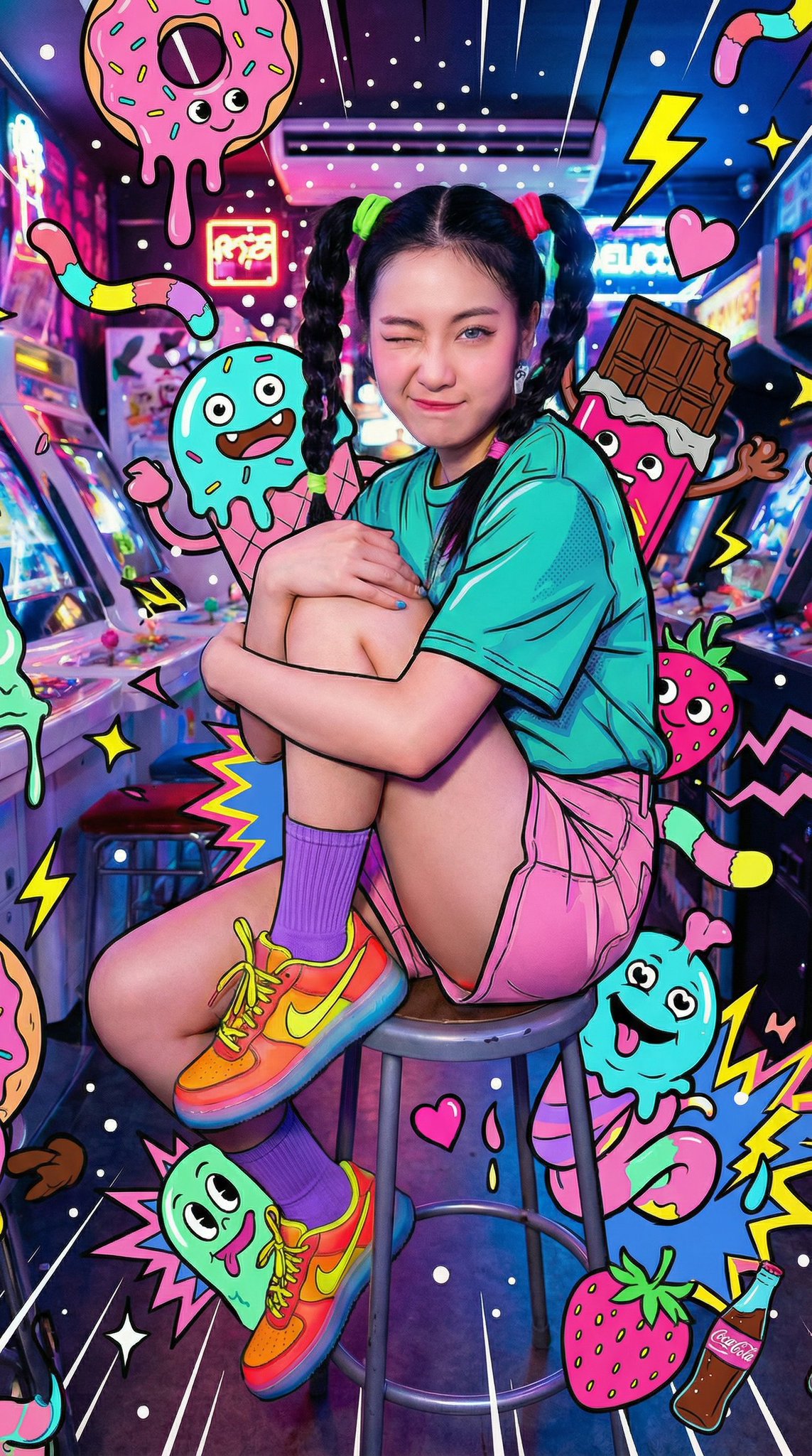 A lively neon-lit retro arcade portrait of a young woman sitting sideways on an arcade stool, winking playfully in bright streetwear, surrounded by maximalist candy-monster pop-art overlays that avoid her skin.