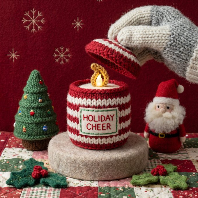 A soft still life set in a miniature world made entirely from yarn, wool, crochet loops, and felted plush textiles. Two knitted night cream jars float above a pastel pink felt backdrop, with embroidered gold typography and a sculpted felt-and-wool cream swirl.