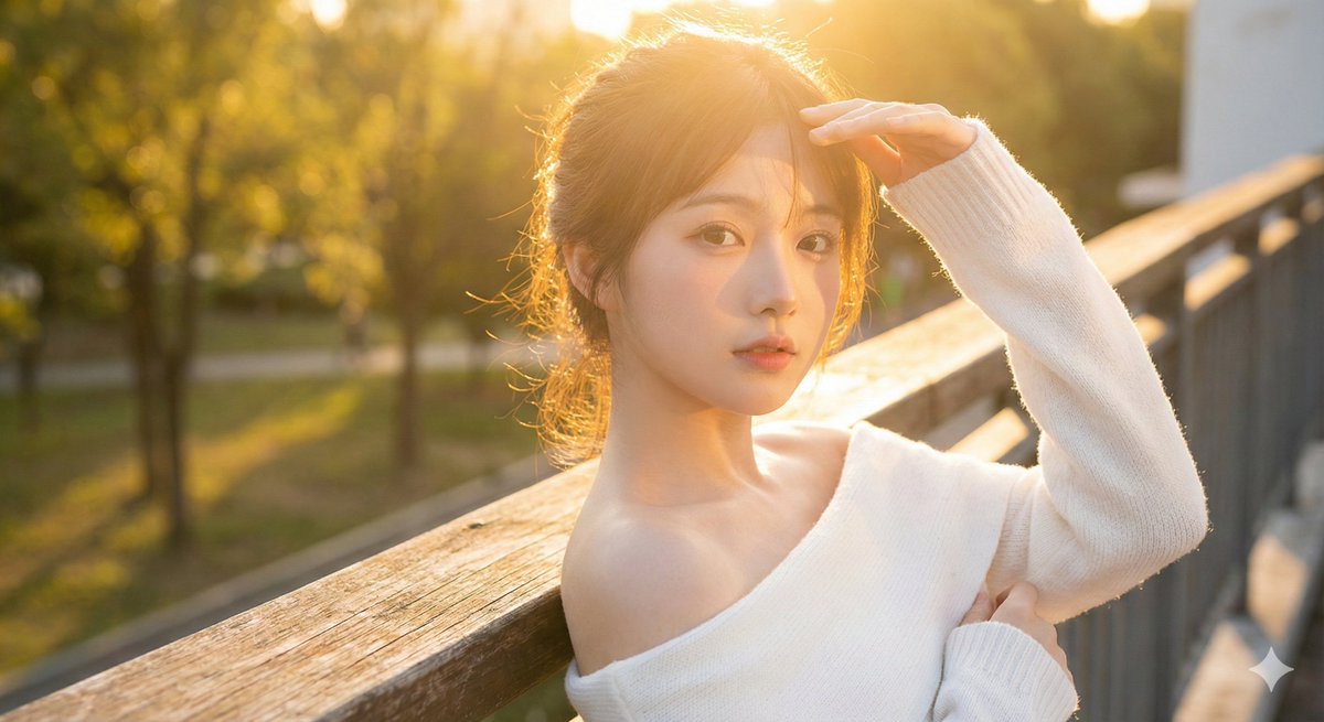 A cinematic golden-hour close-up portrait of an East Asian girl with doll-like features and porcelain skin, shielding her eyes from the sun in a warm, dreamy outdoor setting.