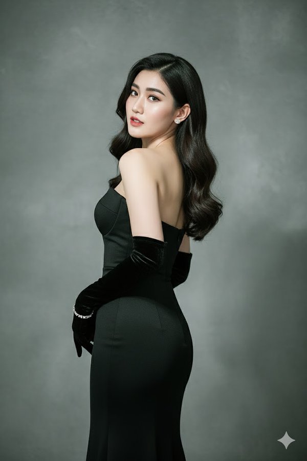 Generate a high-resolution, ultra-realistic fashion magazine–style photo featuring an elegant over-the-shoulder pose in a strapless black evening gown and velvet opera gloves against a softly lit gray stucco backdrop.
