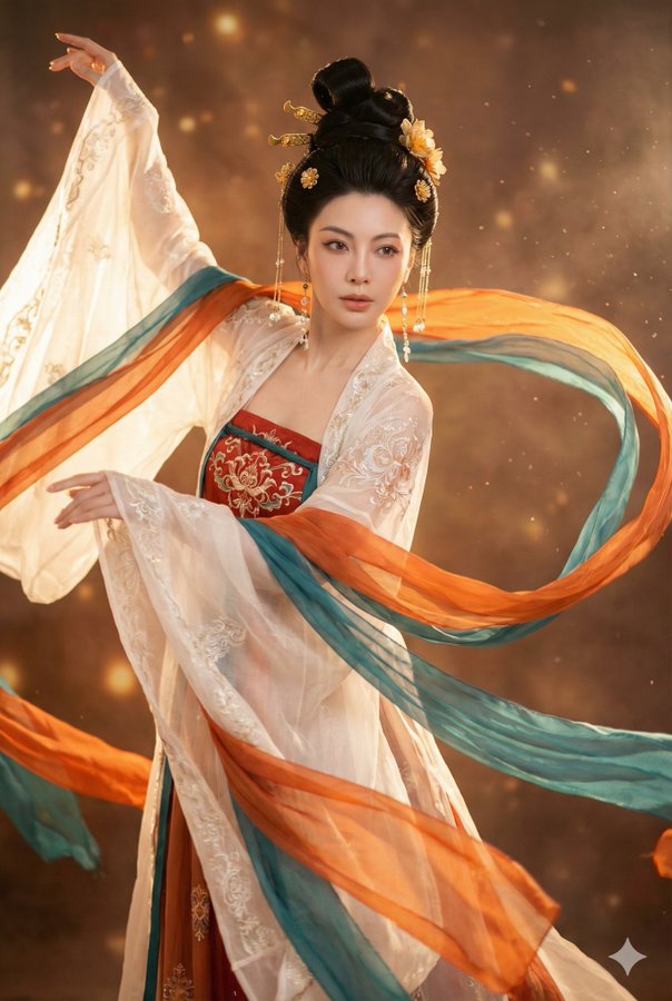 A hyper-detailed, photorealistic fashion portrait of a young East Asian woman in luxurious Tang Dynasty Qixiong Ruqun, holding a red embroidered round fan and looking back against a dark, snowy night backdrop.